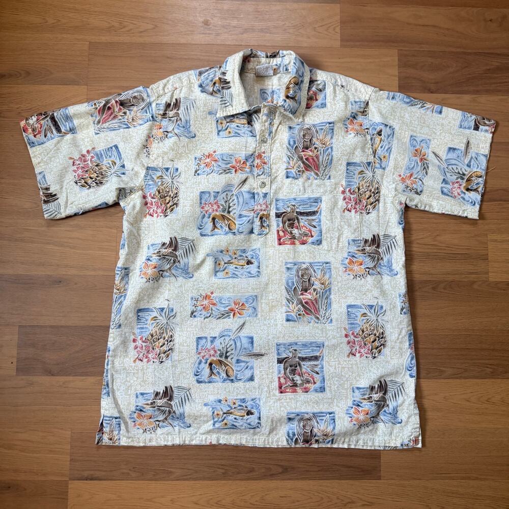 Vintage 90's Go Barefoot Trader Joes Uniform Cream Hawaiian Floral Polo Shirt L